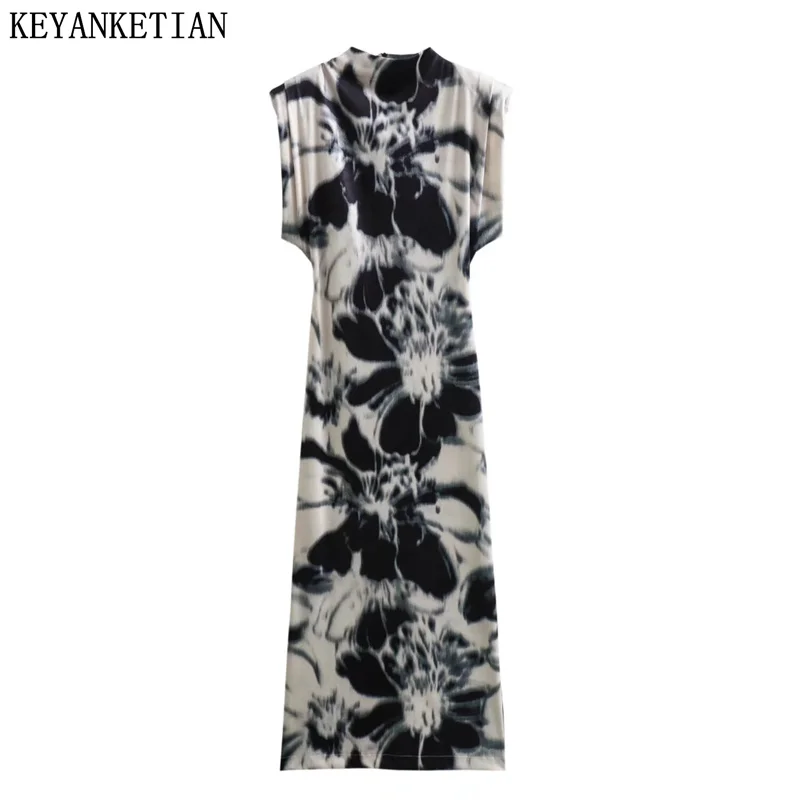 

KEYANKETIAN 2024 New Launch Women's Ink Print Velvet Texture Sleeveless Dress Elegant Mock Neck Slim Female Ankle MIDI Dresses