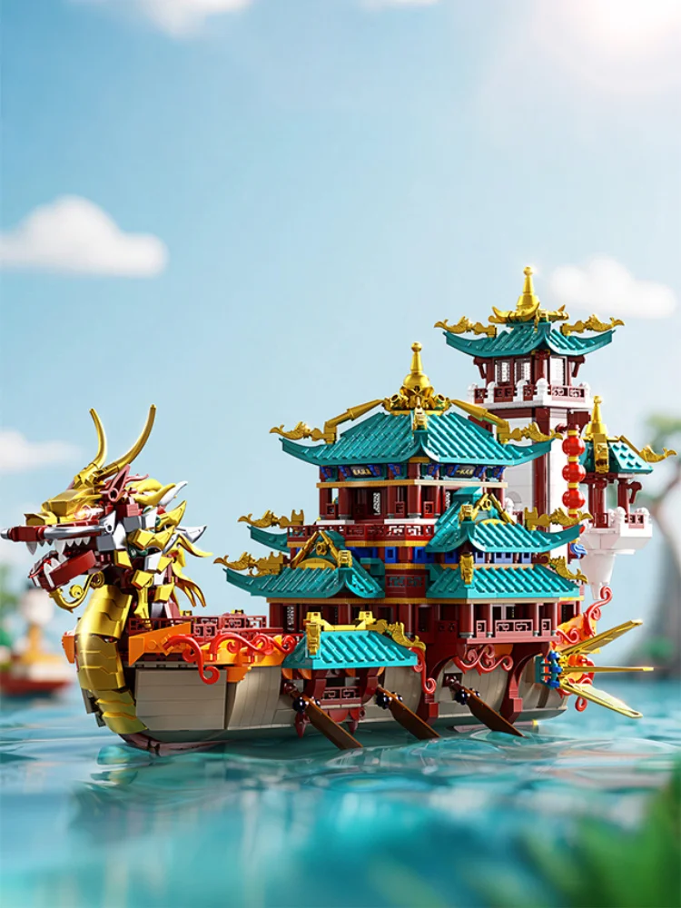 2453 STKS Chinese Stijl Drakenboot Bouwstenen Traditionele Architectuur Bricks Collectible Decoratief Model Speelgoed 3D Puzzel Kit - afbeelding 2