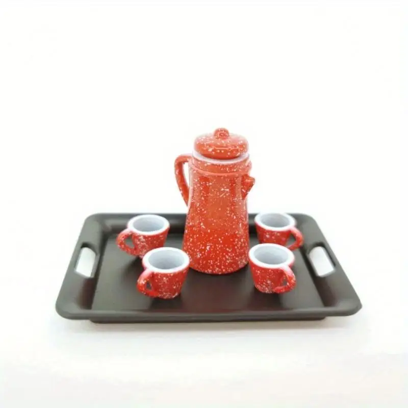 5Pcs Set Miniature Tea Set Model Creative Red Kettle and Cups Decorative Display Collectible