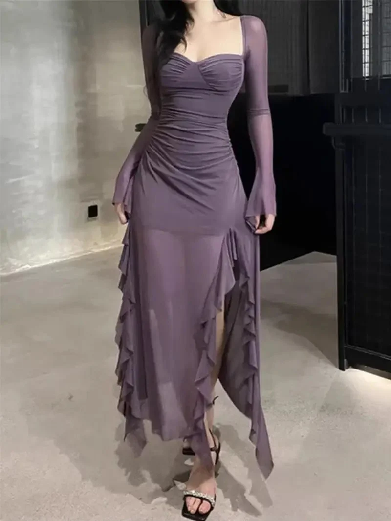 イレギュラーラッフルエッジメッシュスクエアネックドレスハイウエストスリット気質ヒップハグロングスカートブラックベスティドスデムヘール