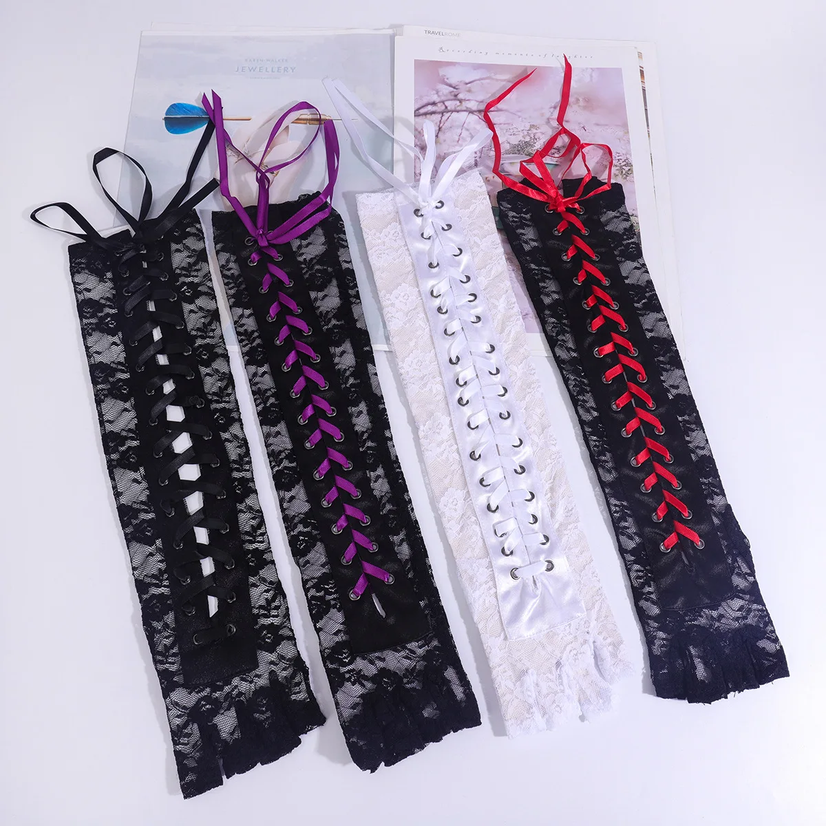 Polyester Half Finger Gloves Long Lace Up Cuffs Punk Halloween Party Gloves for Women