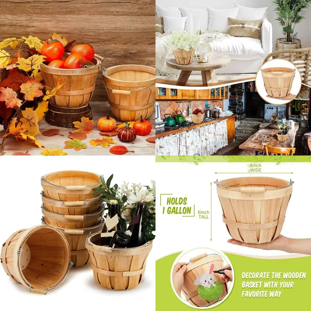 

Set of 6 Small Round Wooden Fruit Baskets with Handles, Perfect for Thanksgiving and Holiday Gifts, Suitable for Fruits and Vege