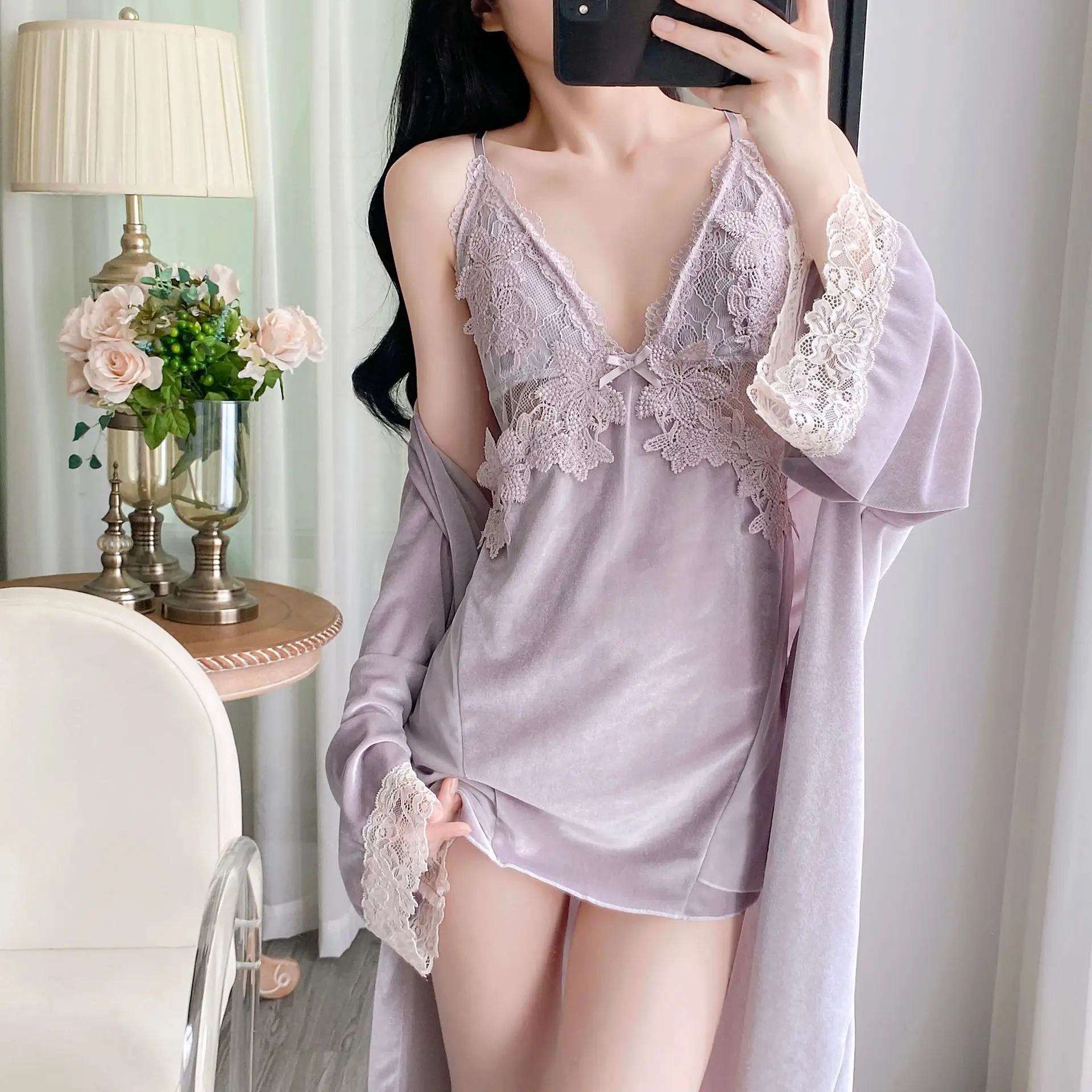 

2025 Домашняя одежда с открытой спиной и кружевной отделкой, велюровая одежда для сна, халат из 2 предметов, осенняя новая одежда для сна, нижнее белье с кружевной отделкой, теплое кимоно, халат