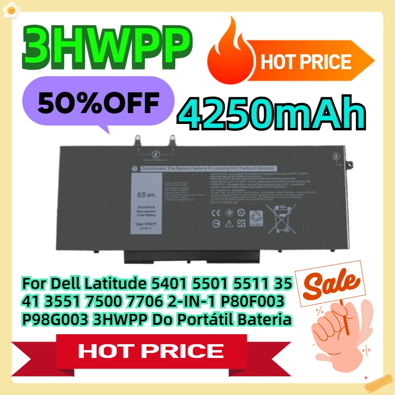 

3HWPP For Dell Latitude 5401 5501 5511 3541 3551 7500 7706 2-IN-1 P80F003 P98G003 3HWPP Do Portátil Bateria
