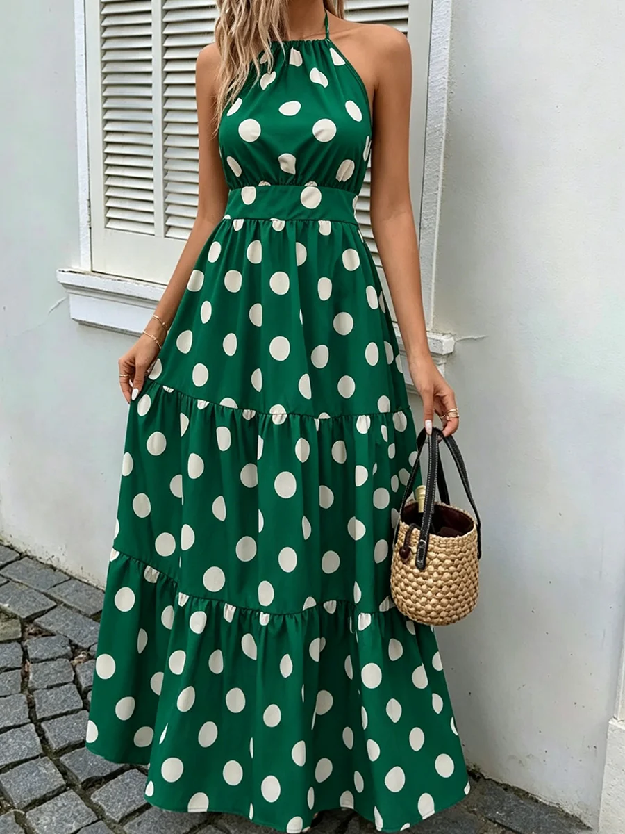 Strandkleid mit Neckholder-Ausschnitt, gestuft, grün-weiß gepunktet, Maxikleid, Sommerkleid für Damen, Urlaub & Alltag – Detail 6