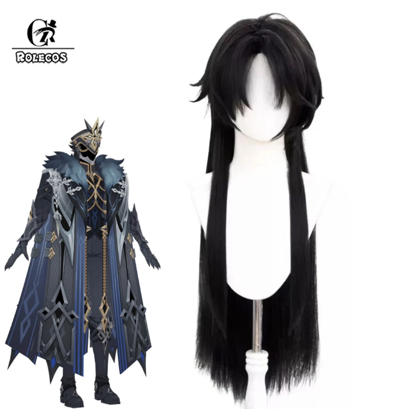 ROLECOS Game Genshin Impact Capitano Cosplay Wigs Capitano Halloween 85cm Long Straight Black Wig Heat Resistant Synthetic Hair
