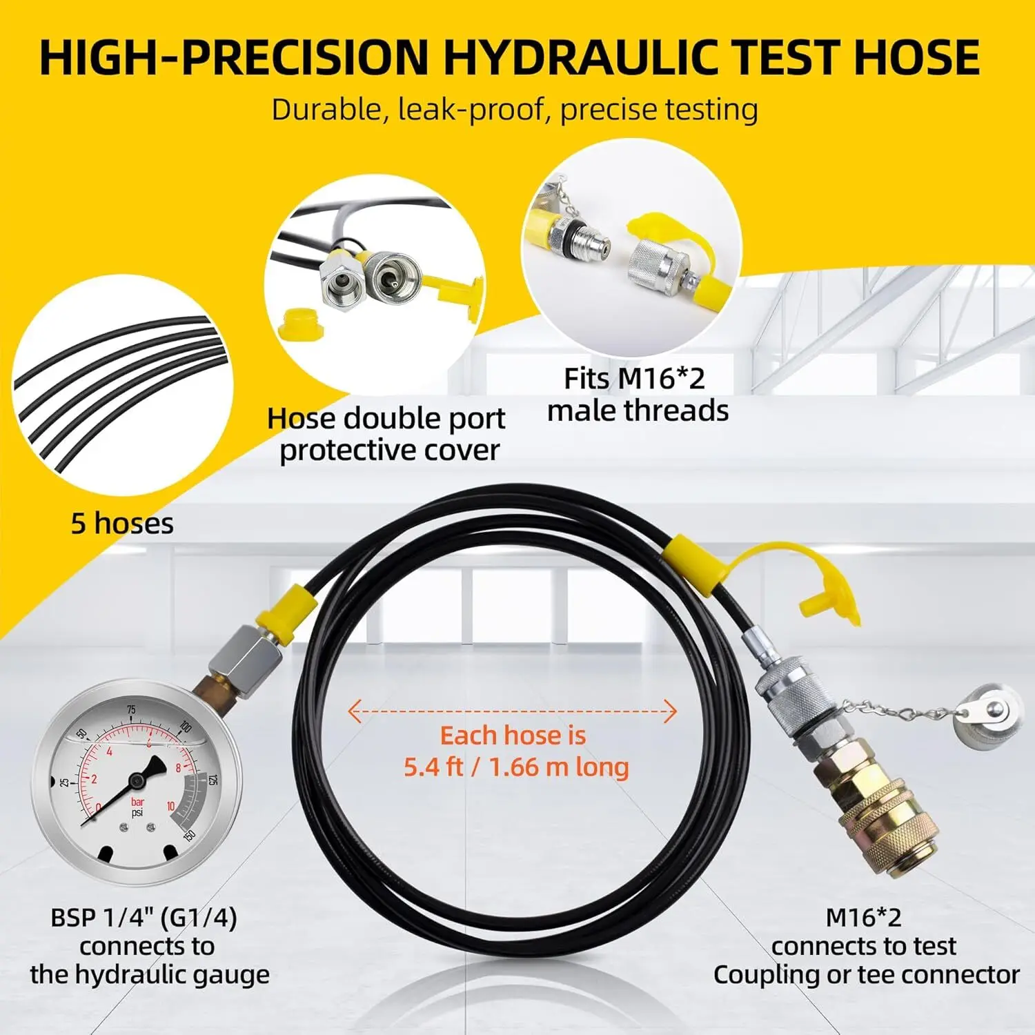 60Mpa Hydraulic Pressure Test Kit with Pressure Gauges + Couplings + Tee Connectors + Hose For John Deere Bobcat Komatsu Hitachi