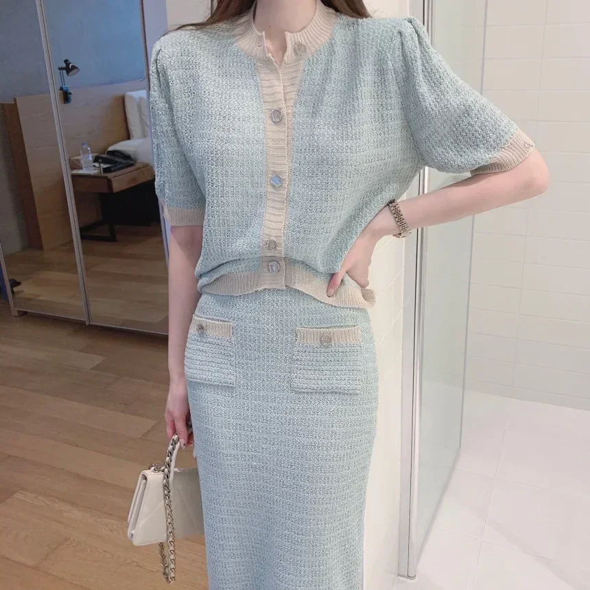 New Elegant Knit Skirt Sets Women Summer Korean Fashion Short Sleeve Cardigan Top + Long Skirt Suit 2 Piece Womens Outfits Chic