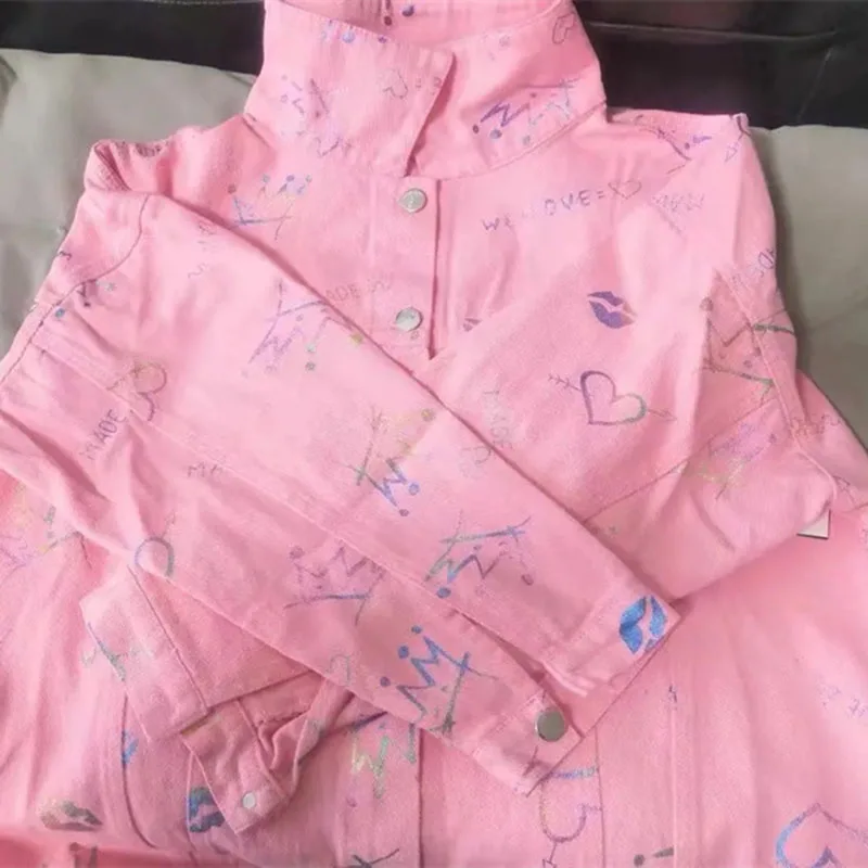 Chaqueta vaquera de manga larga para mujer, abrigo vaquero holgado con estampado de moda, Top versátil, color rosa, primavera y otoño, 2023