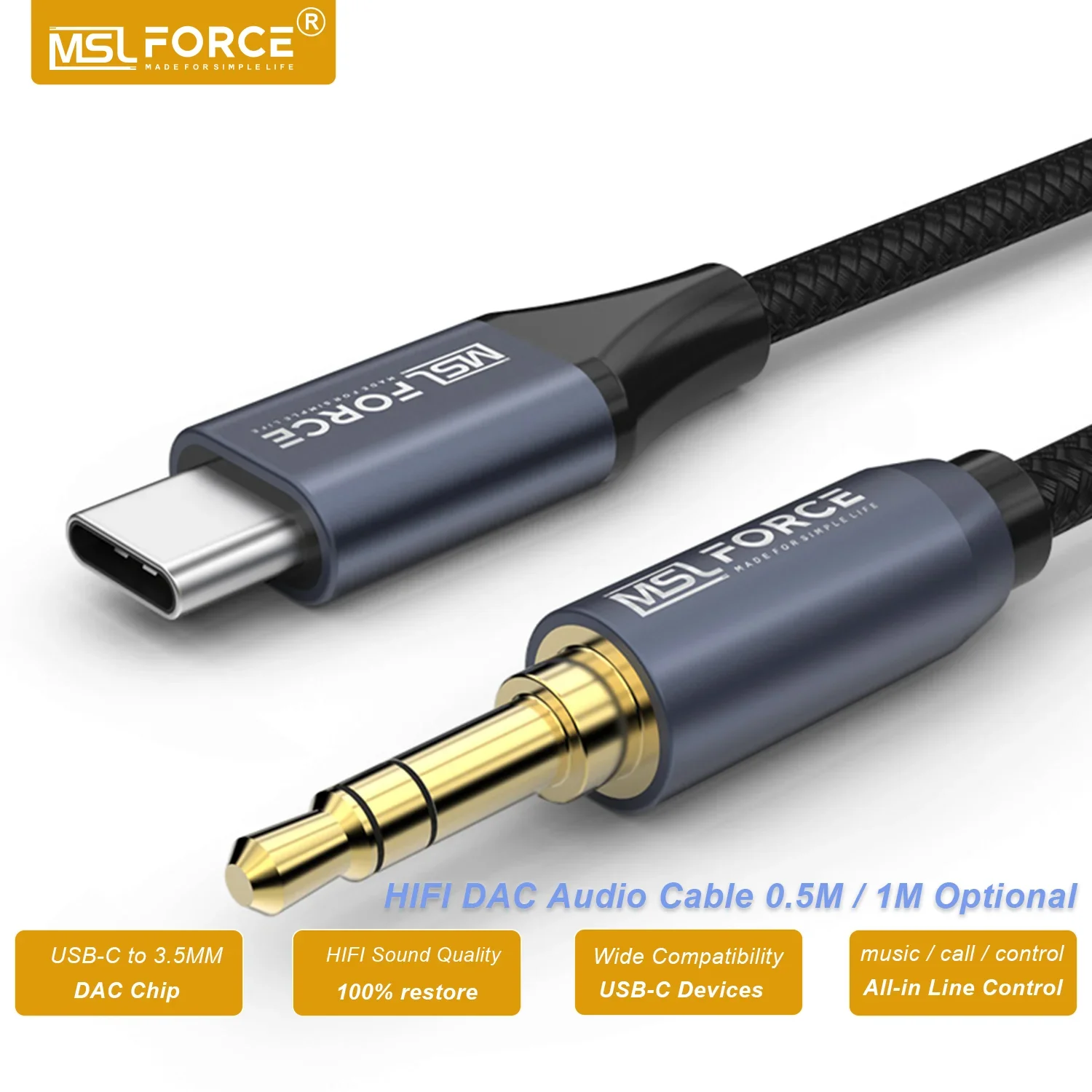 

MSLFORCE USB C to 3.5mm Audio Aux Cable Type C 3.5 mm Headphone Male Jack Plug Adapter Car Auxiliary Stereo Cord Length 0.5M 1M