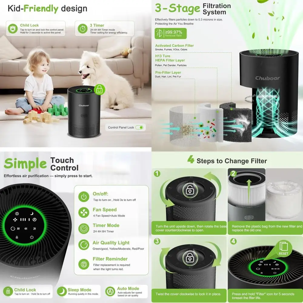 

HEPA-очиститель воздуха для больших помещений: идеально подходит для спален, общежитий, кухонь и ванных комнат, с таймером, автоматическим режимом, режимом сна и функцией очистки.