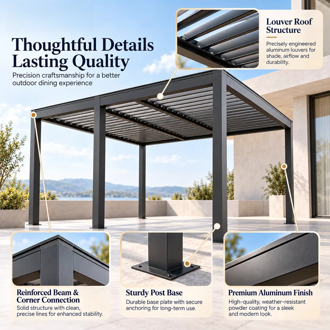 Custom Waterproof Aluminum Pergola Motorized Louver Roof For Villa Courtyard Hotel Terrace Building Project
