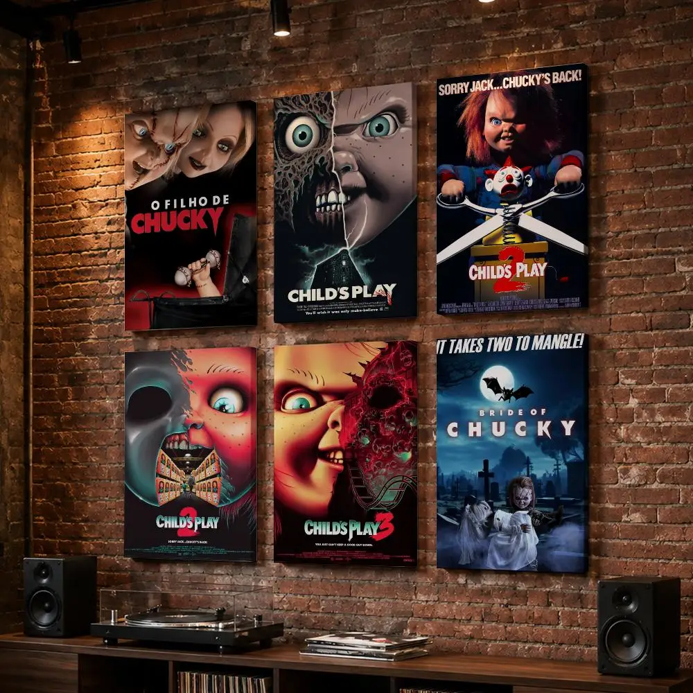 C-Chucky Doll Horror Movie Framed Wall Painting Wood Canvas Poster For Living Room Bedroom Hallway Office Home Decor Gift