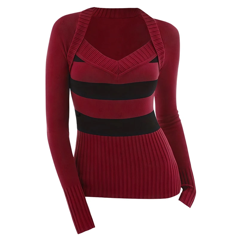 Dressfo Women's Top Colorblock Sweater Striped Print Textured Long Sleeve Sweetheart Neck Casual Sweater ropa de mujer