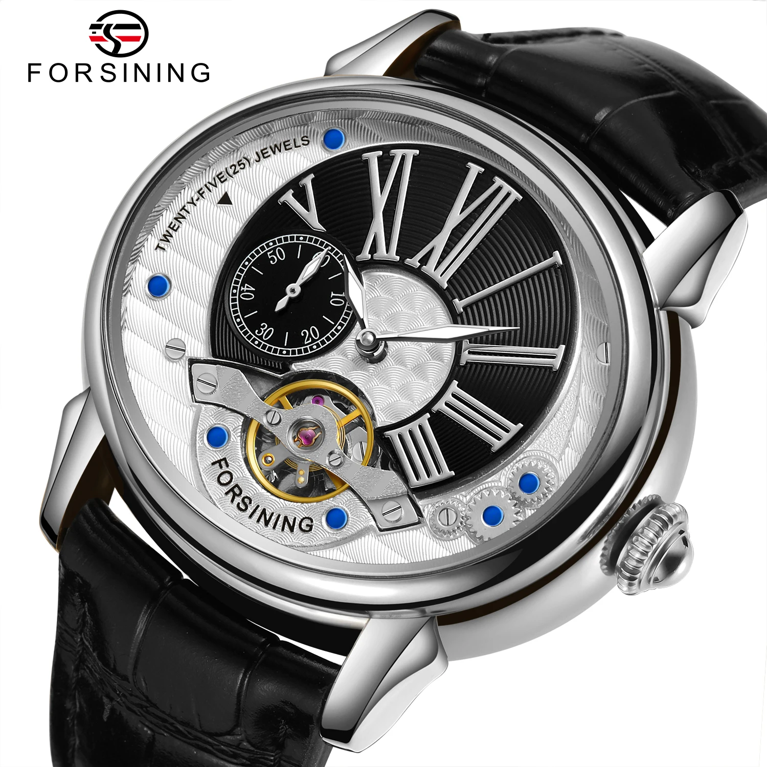 Forsining Top Brand Luxury Oval Tourbillion Fashion Wave Black Golden Clock Roman Scale Men Automatic Mechanical Watches Leather