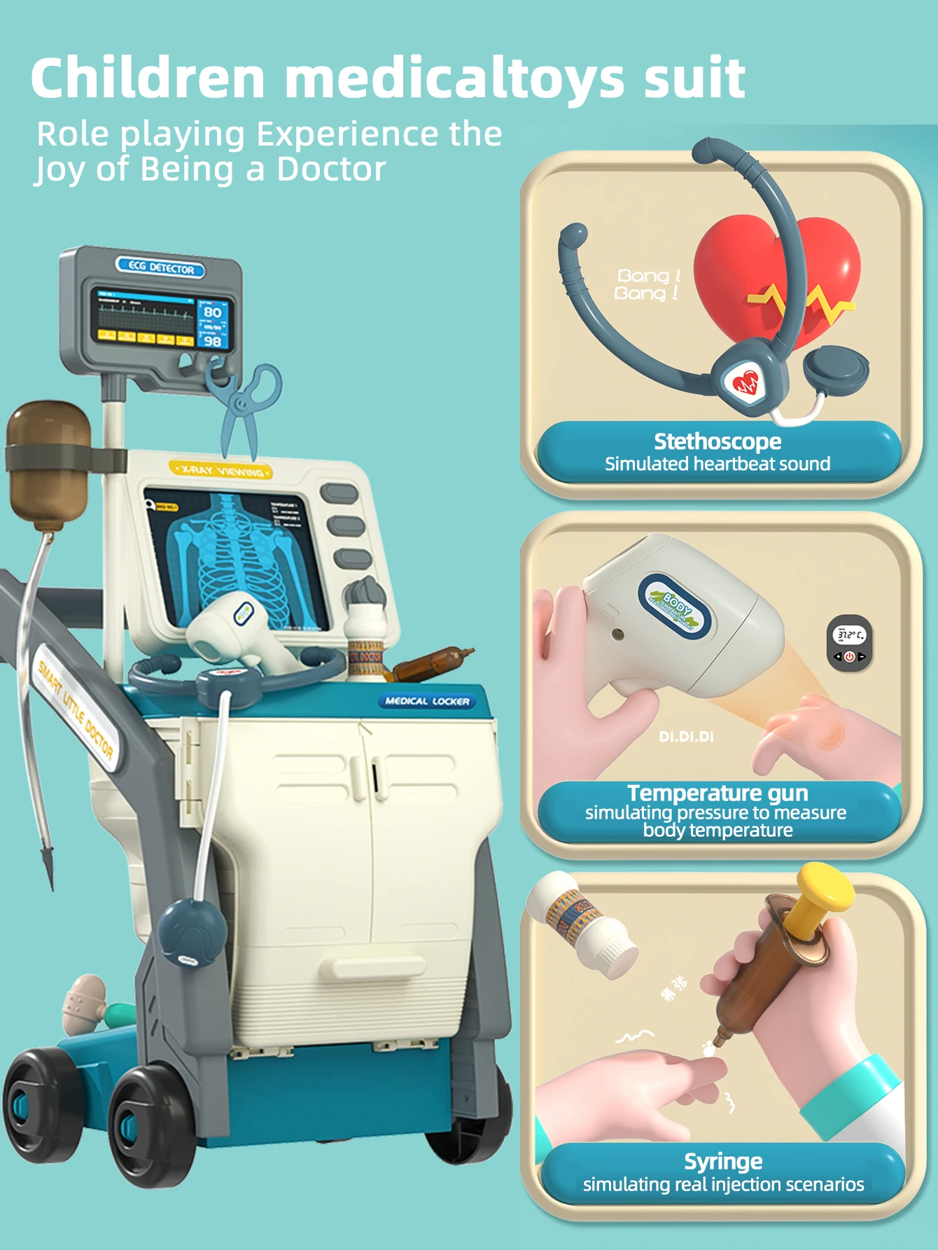 Kids Pretend Play Simulated Hospital Medical Trolley Toy, 16‑Piece Sound‑Effect Medical Tool Set. - view 5