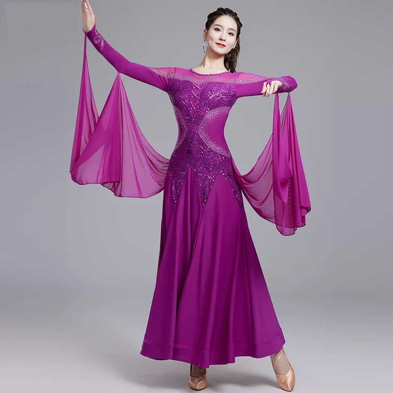 

Latin Dance Dress Sequin Ribbon Long Sleeve Dress Ballroom Dance Competition Clothes Women Waltz Latin Dance Dress DQL9454