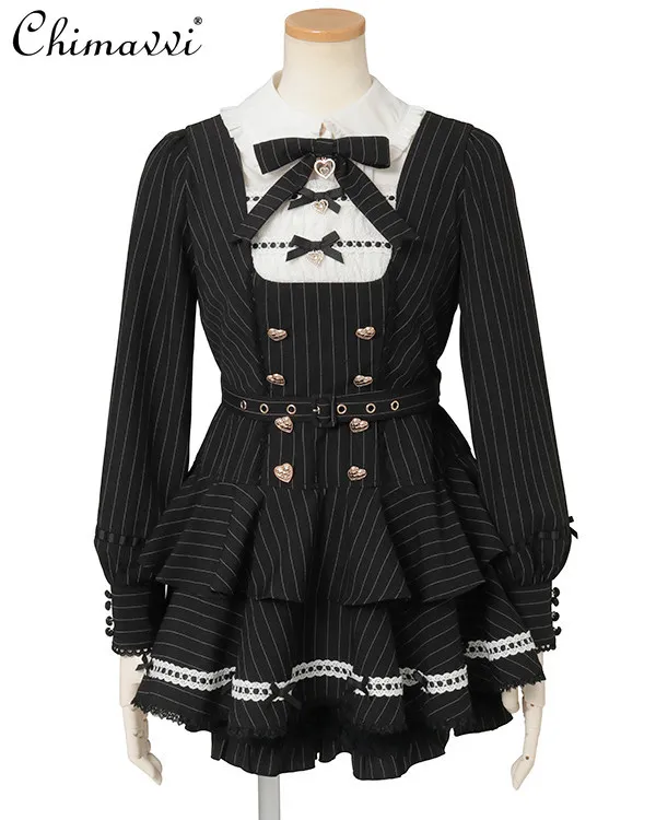 

Japanese Liz Set Spring New Cute Doll Collar Butterfly Belt Heart Buckle Striped Long-sleeve Top Shorts Lolita Womens 2piece Set