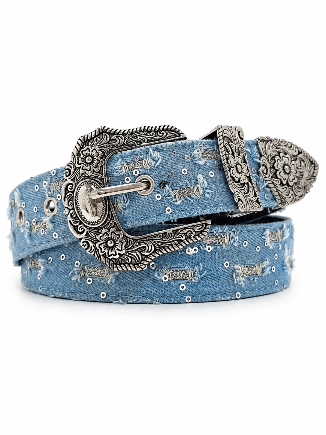 Western Distressed Light Blue Denim Belt, Vintage Floral Engraved Buckle, Metal Eyelet Cowboy Streetwear Waist Belt