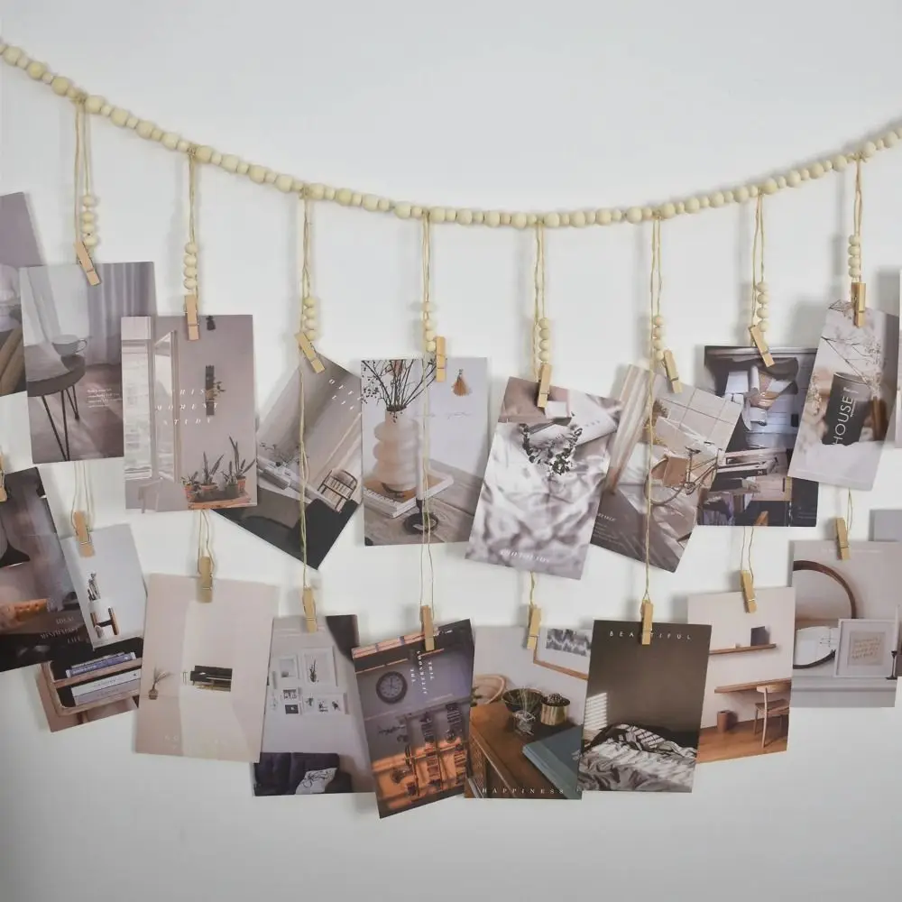 Wall Hanging Picture Display String Wooden Tassel Clips Photo Display Wooden Bead Photo Frames Home Bedroom Dorm Wall Decoration