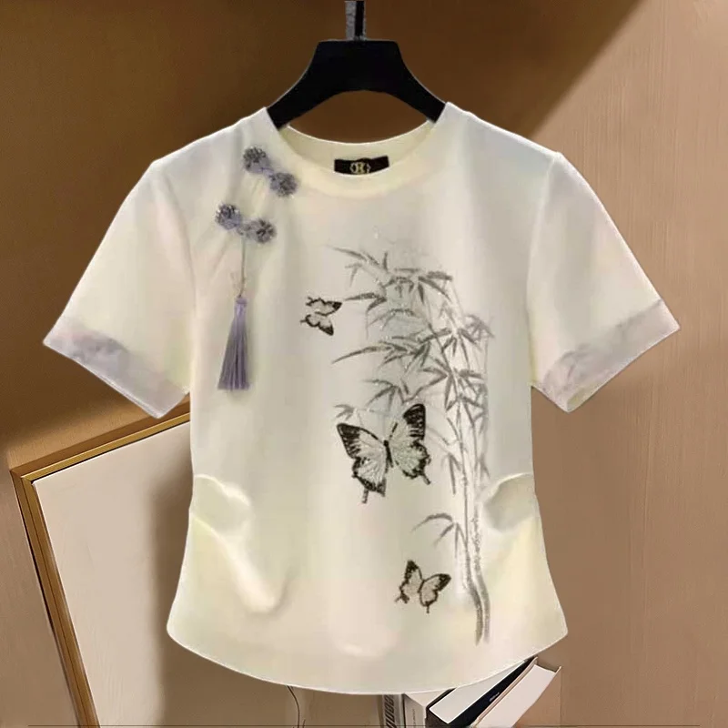 

Новая женская футболка Slim Fit с коротким рукавом, большие размеры, в китайском национальном стиле, с бамбуковыми пуговицами, летняя коллекция