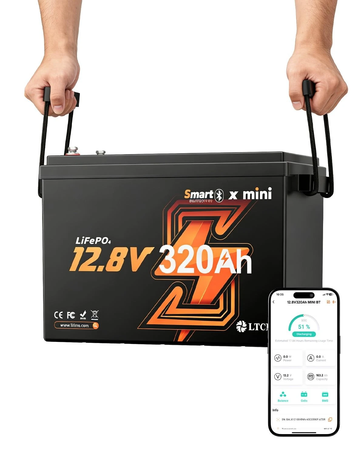 

12V 320Ah Mini LiFePO4 Battery Bluetooth 200A BMS IP65 15000 Cycles RV Trailer Trolling Motor, Custom