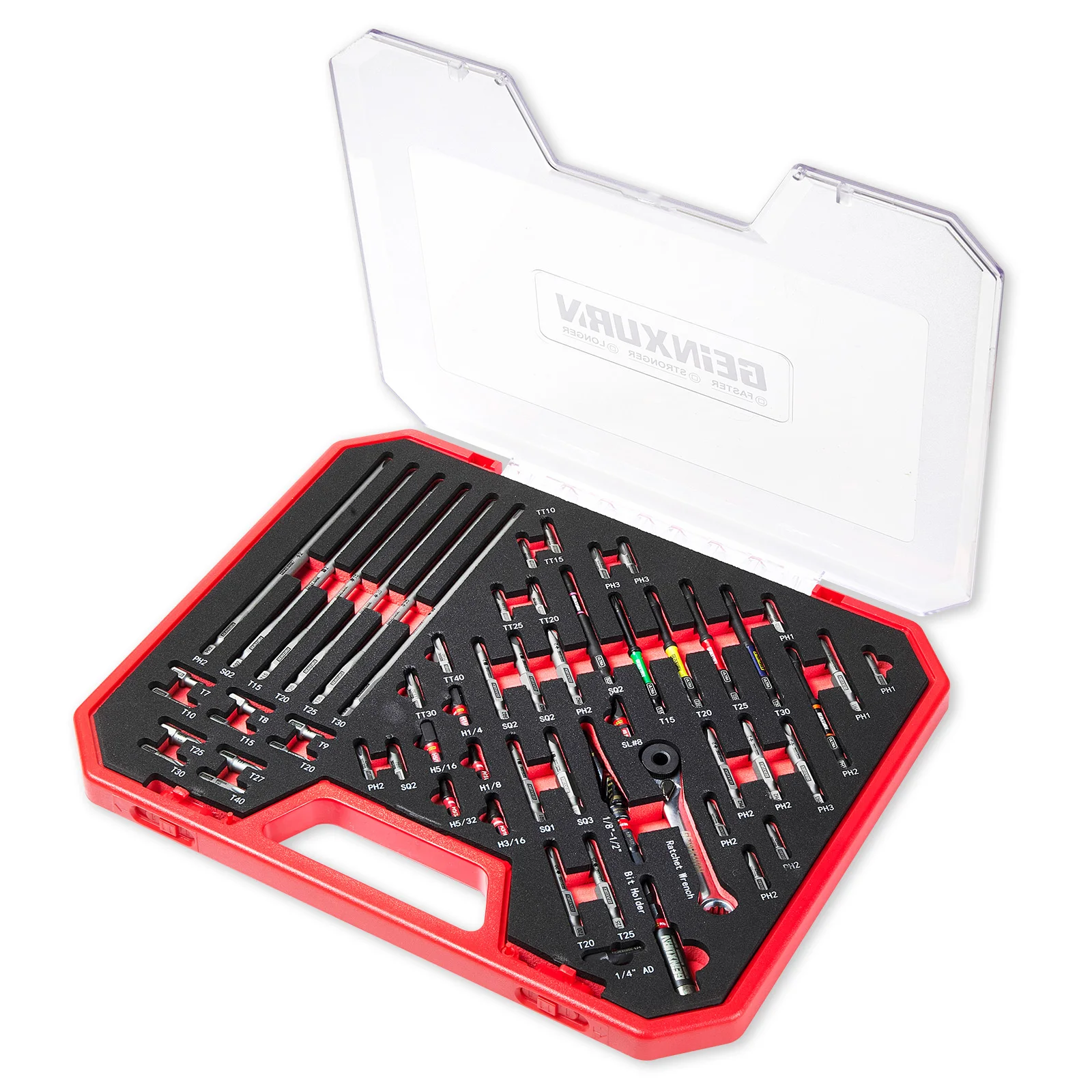 Geinxurn 58PCS Screwdriver Set with 3' UTLTRA TORQUE & 1'/2'/6'FIXEDGE Impact Driver Bit, Large Red & Gray Flat Box, for DIY