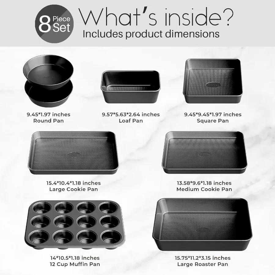 مجموعة مقالي الخبز غير اللاصقة مكونة من 8 قطع مجموعات أدوات خبز قابلة للتكديس مجموعة أواني الفرن غير سامة تتضمن ورقة خبز وعاء الكعك وعاء رغيف Pa