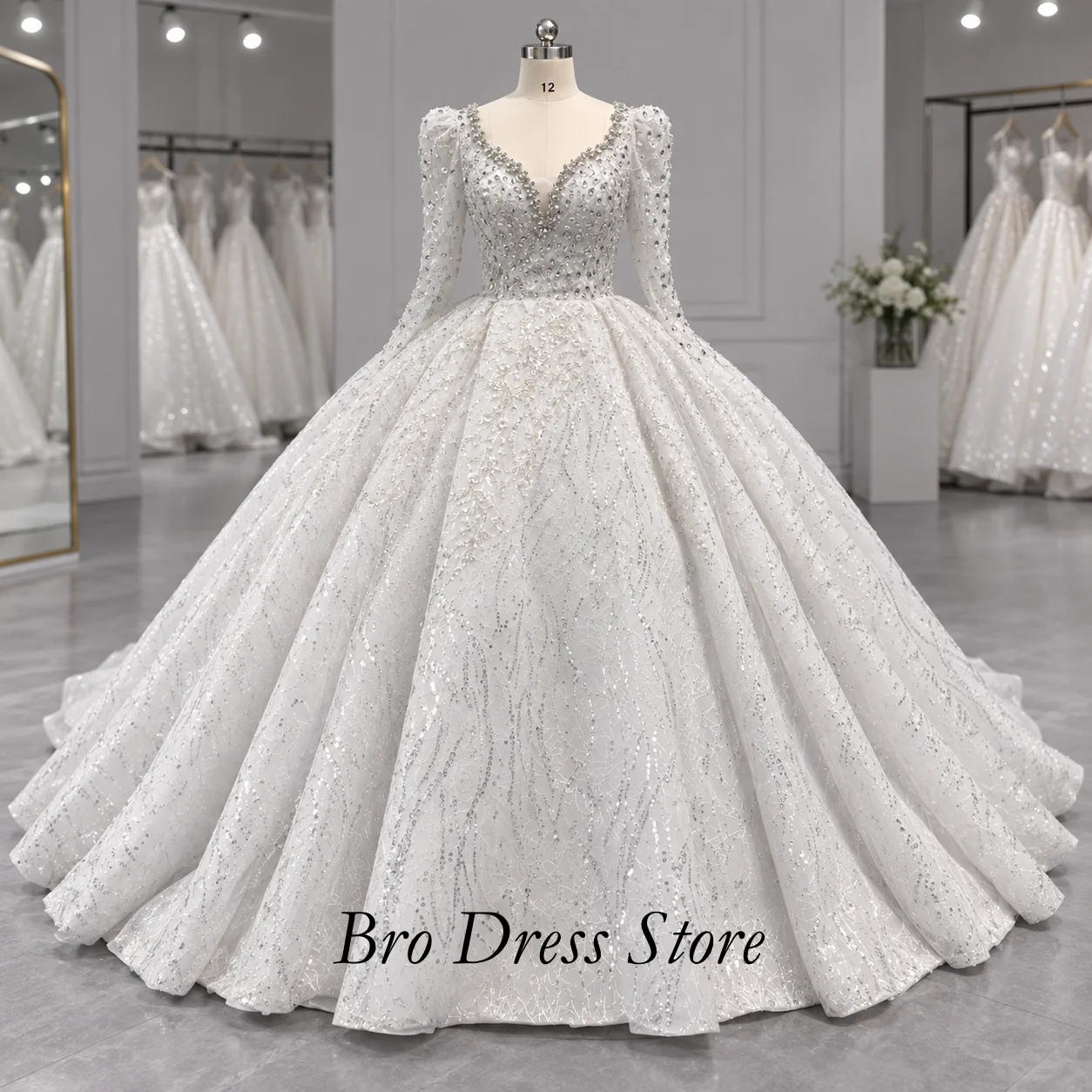 Customized Gorgeous Sparkly Beaded Wedding Dress V Neck Long Sleeve Bridal Gown Elegant Princess Ball Gown Vestido De Novia
