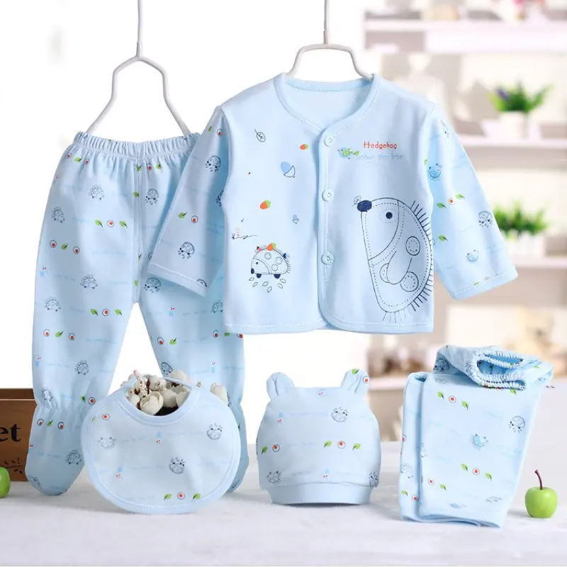 5pcs Newborn Baby 0-3m Clothing Sets Baby Boy Girl Top 2 Pants Hat Bibs Clothes Cotton Cartoon Underwear Infant Breathable Suit