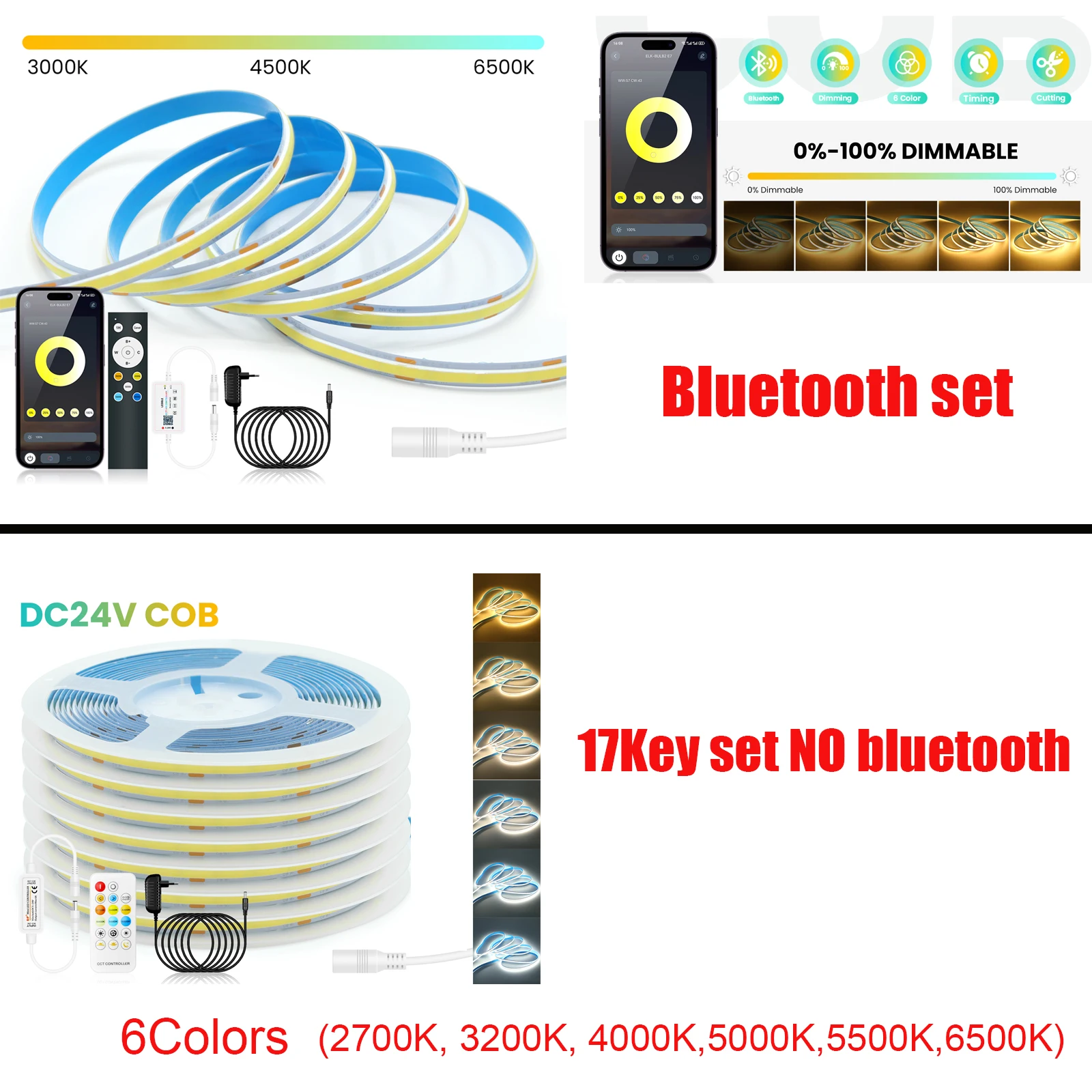 تيار مستمر 24 فولت CCT COB LED مجموعة الشريط مع محول الطاقة 17 مفتاح RF/بلوتوث APP التحكم شريط مرن ضوء 2700K 3000K 4000K 6000K