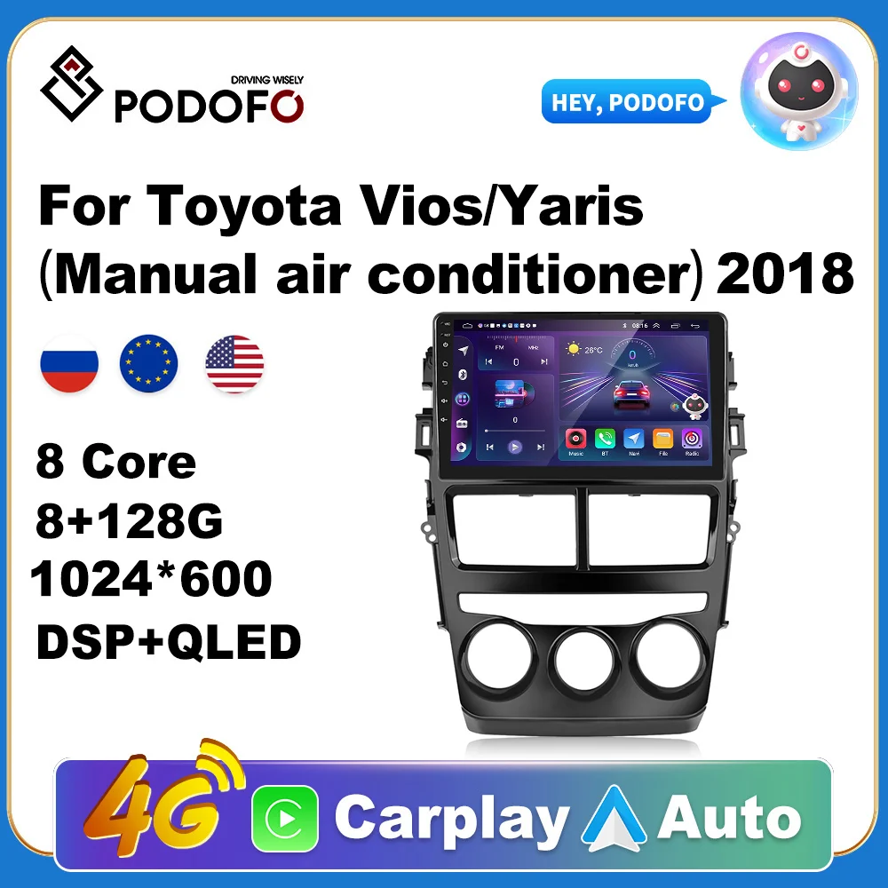 

Podofo Wireless CarPlay Andorid Auto Car Radio For Toyota Vios/Yaris 2018-2020 AI Voice Multimedia GPS 2din autoradio