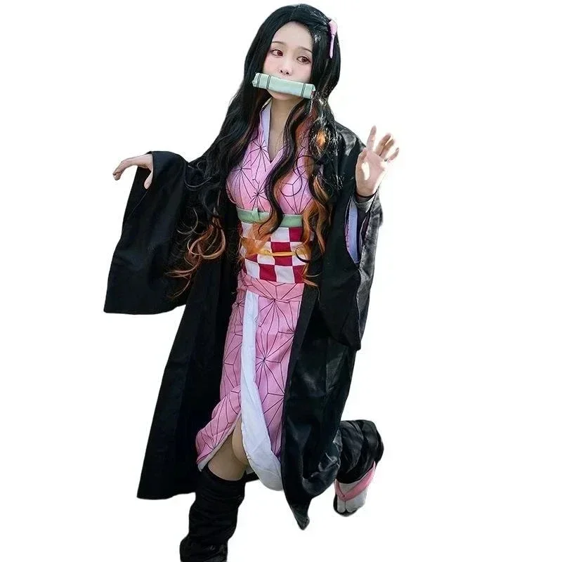 Disfraz de Anime Nezuko para mujer y niña, Kimono de cazador de demonios, Kamado, Nezuko, peluca, ropa de uniforme