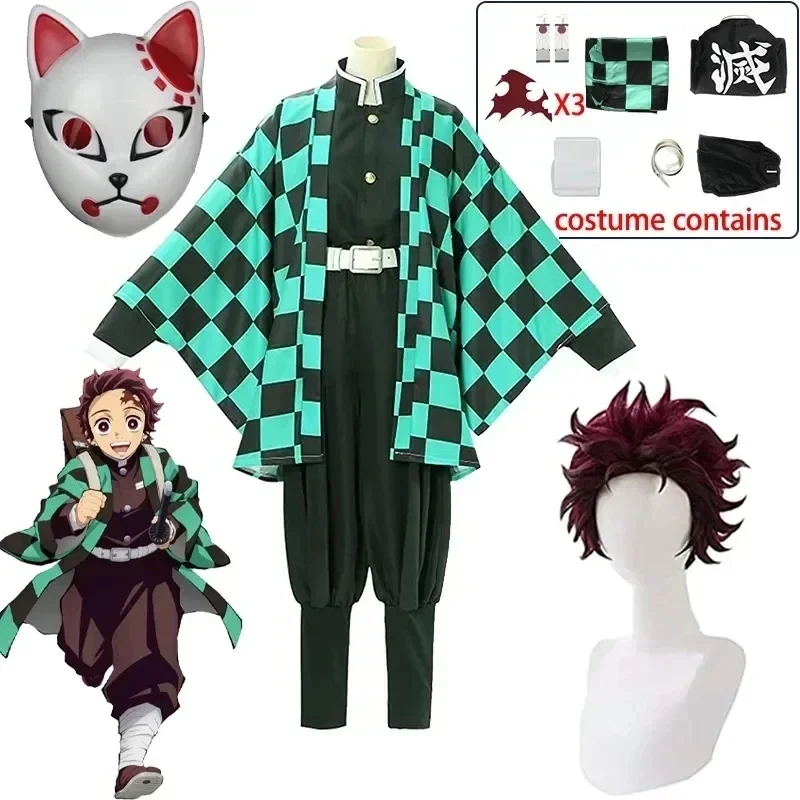 Tanjirou Kamado Demon Slayer Anime Cosplay Traje Kimetsu Não Uniforme Yaiba, Haori Kimono Wig, terno Halloween para adultos e crianças