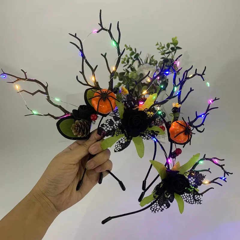 

Black Halloween Antler Flower Fairy Floral Headpiece Headband Deer Horn Cute Elf Pumpkin Spider Hair Hoops