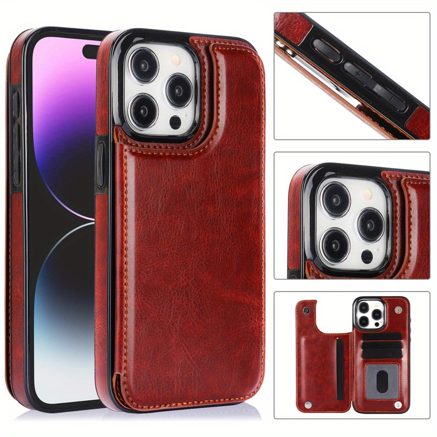 For  15 Pro Max 15 Plus Wallet Case With Card Holder, PU Faux Leather Kickstand Card Slots Case, Double  Clasp And Durable Shock