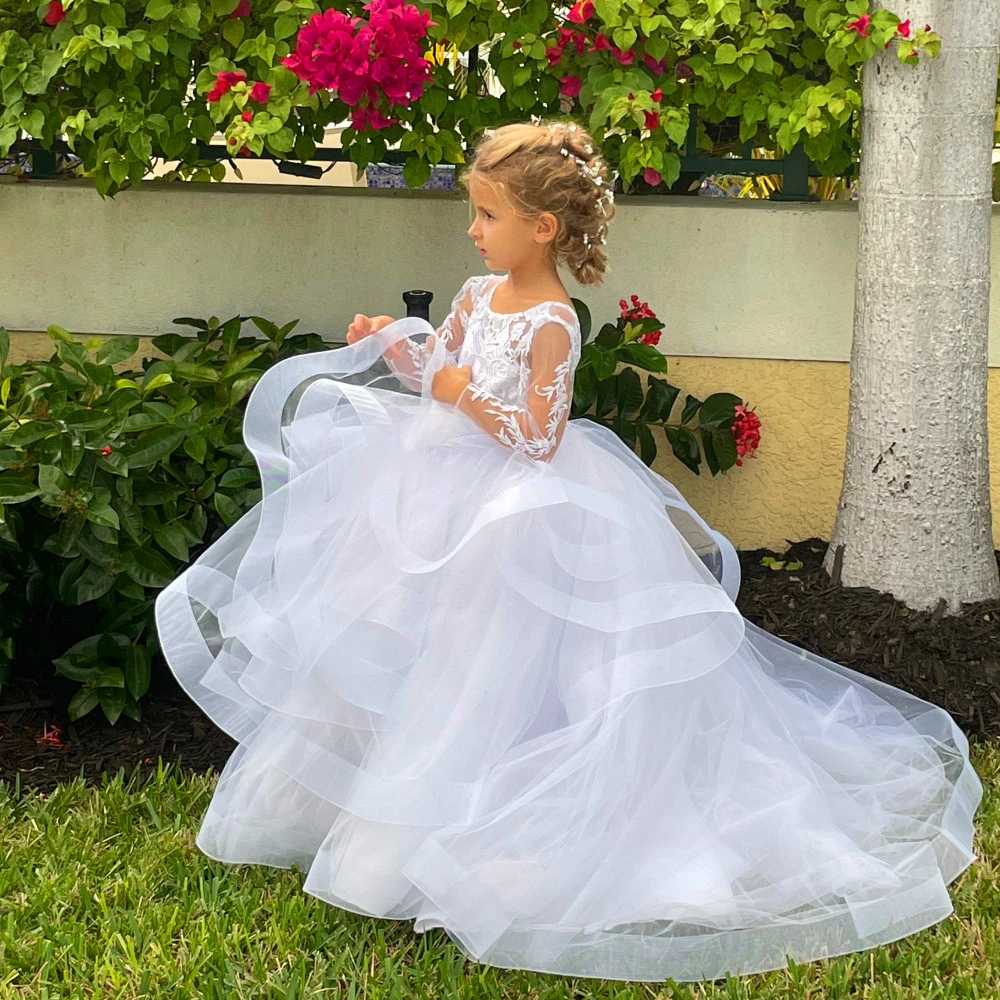 

Fluffy Layered Lace Printing Flower Girl Dress Princess Ball Beauty Pageant First Communion Kids Surprise Birthday Present