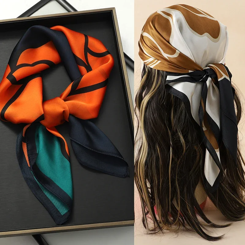 

Luxury Brand 2025Silk Square Scarf Women Cat Neck Hair Tie Band Beach Hijab Kerchief Head Headbands Bandana Female Foulard 70cm
