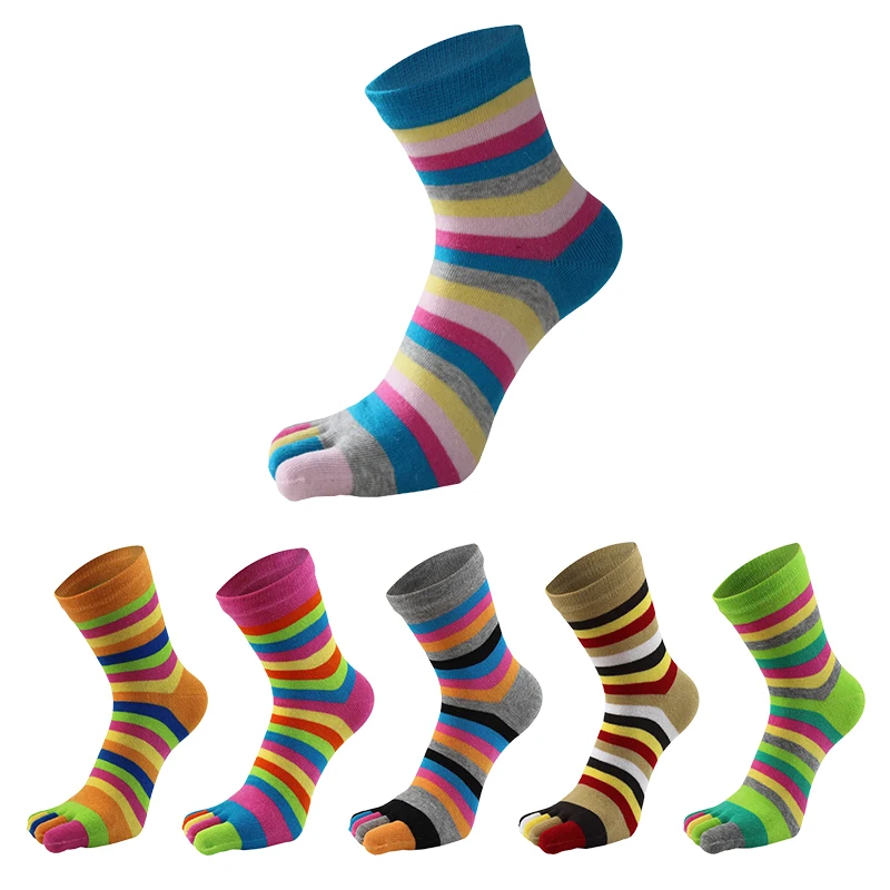 

5 Pairs/lot Rainbow 5 Finger Middle Tube Socks Women Cotton Striped Colorful Fashions Young Sweat-Absorbing Happy Toe Socks