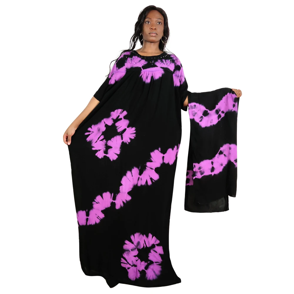 

Новинка 2023 года, летнее длинное свободное мусульманское платье из чистого хлопка с принтом тай-дай и шарфом, блестящая вышивка, дышащая удобная макси-абая