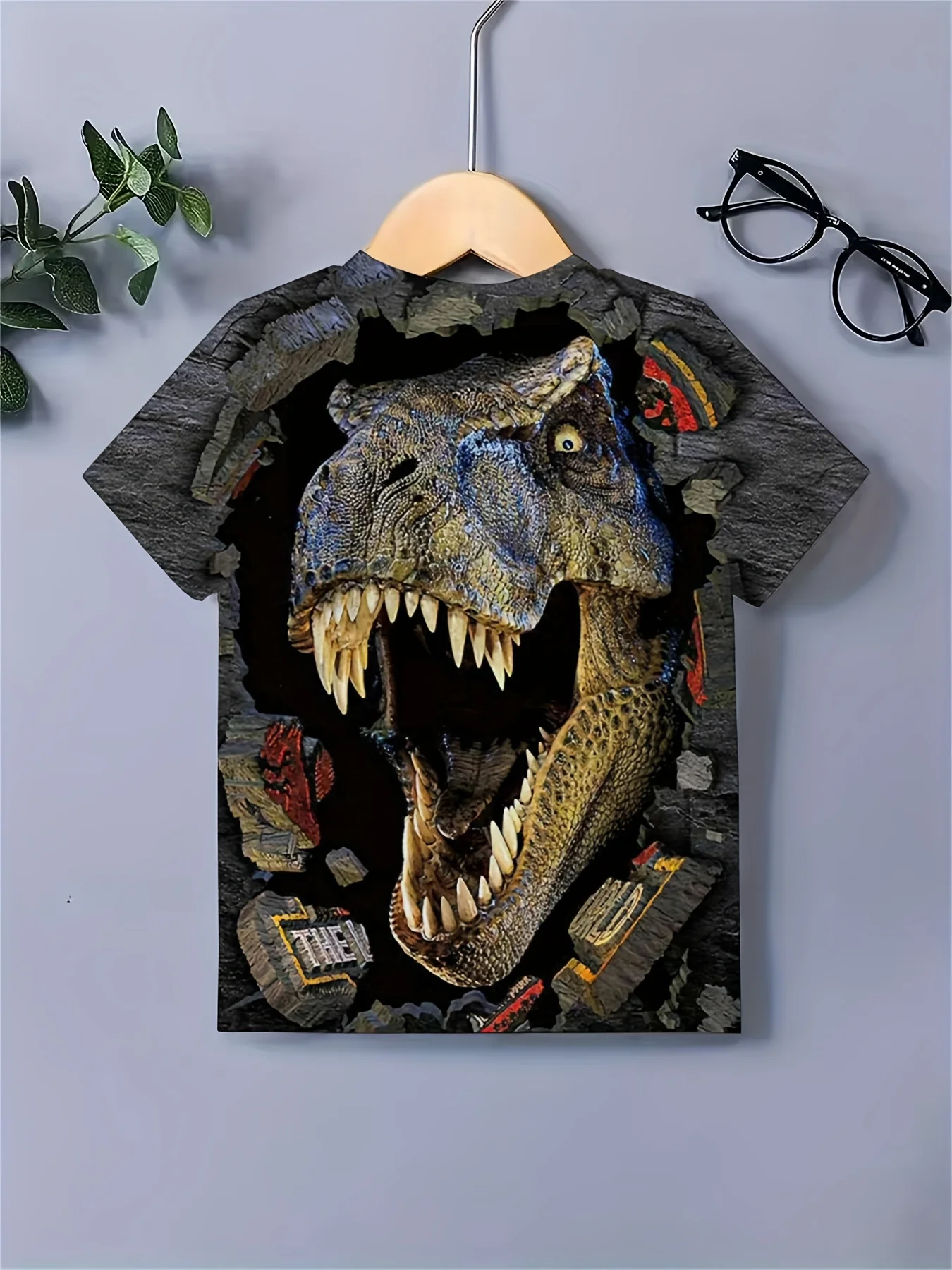 Realistic T-Rex Print Boys T-Shirt, 3D Dinosaur Head Black Background Crew Neck Short Sleeve Top