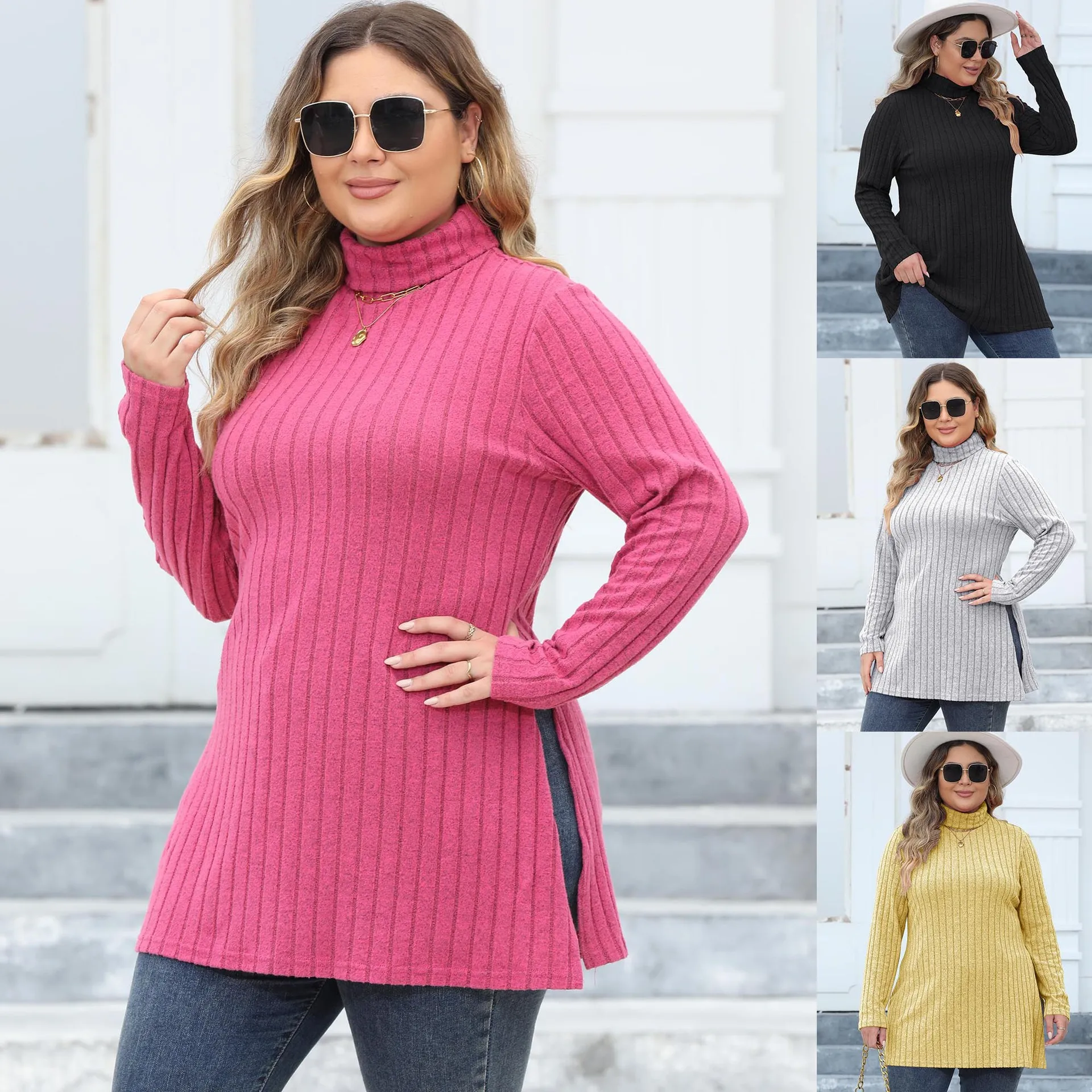 

Women Turtleneck Top T Shirt Basic Tees Side Split Stripe Long Sleeve Casual Layering Tops 2025 Autumn Winter Office Lady