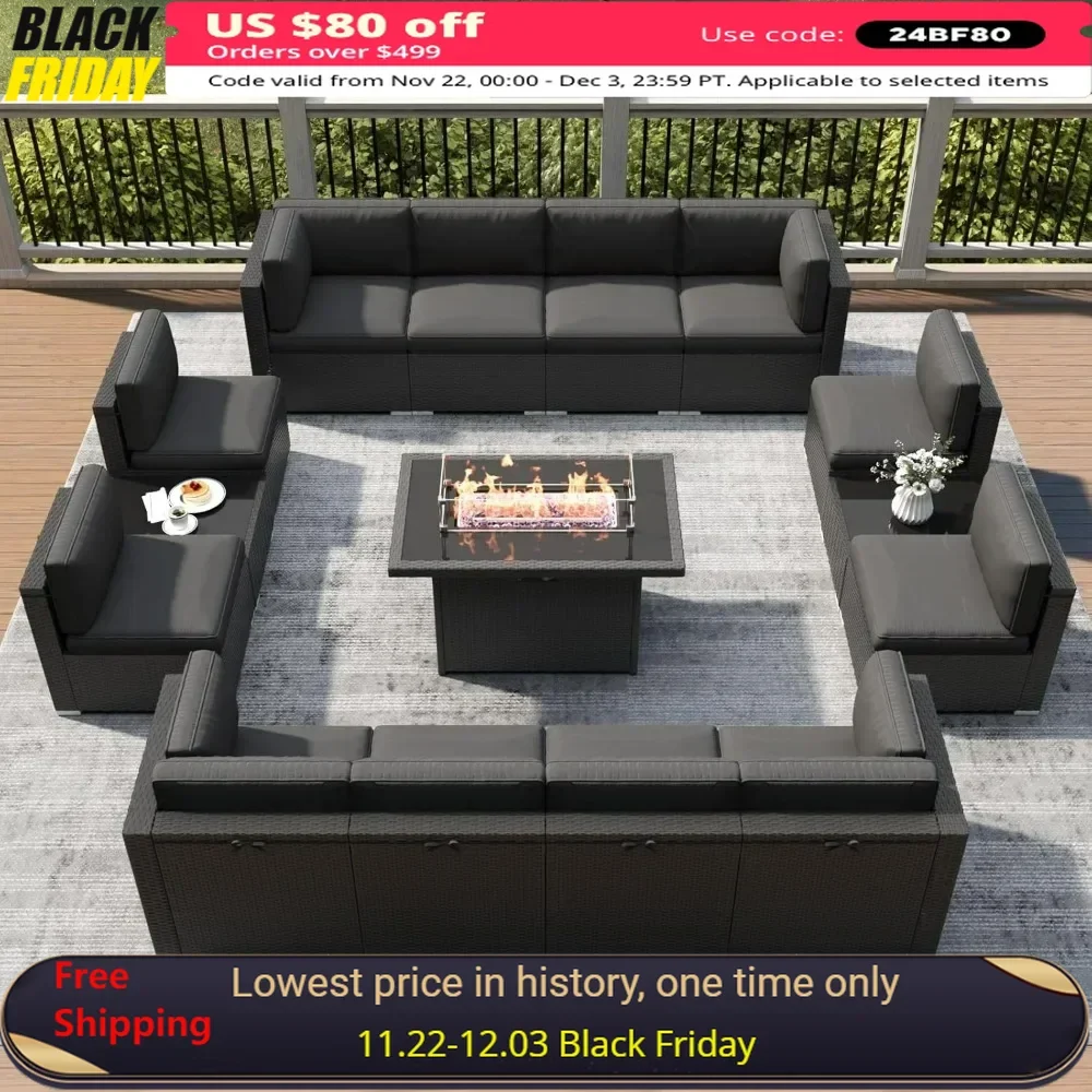 

15 Piece Patio Furniture Set with Fire Pit Table, Outdoor Conversation Sets Wicker Rattan Sectional Sofa with Coffee Table