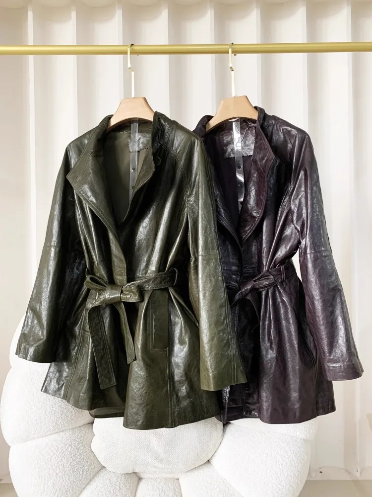 Vintage Women Belted Loose Fit Mid Long Sheepskin Genuine Leather Jacket Windbreaker Trench Coat Autumn New Designer Outerwear