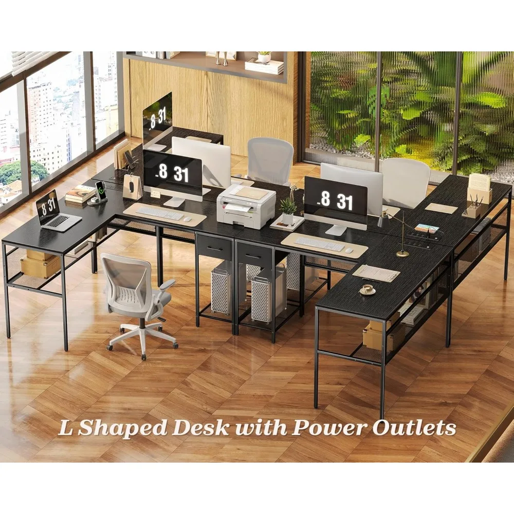 L Shaped Desk with Power Outlets, Computer Desk with Drawer, Reversible Corner Desk with Grid Storage Bookshelf