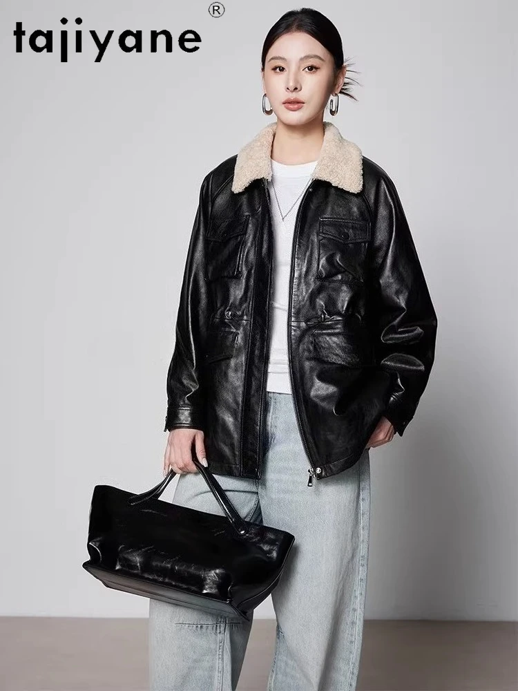 TAJIYANE Real Sheepskin Goose Down Coats Wool Collar Puffer Jackets Genuine Leather Jacket for Woman 2025 Women Clothes дубленка