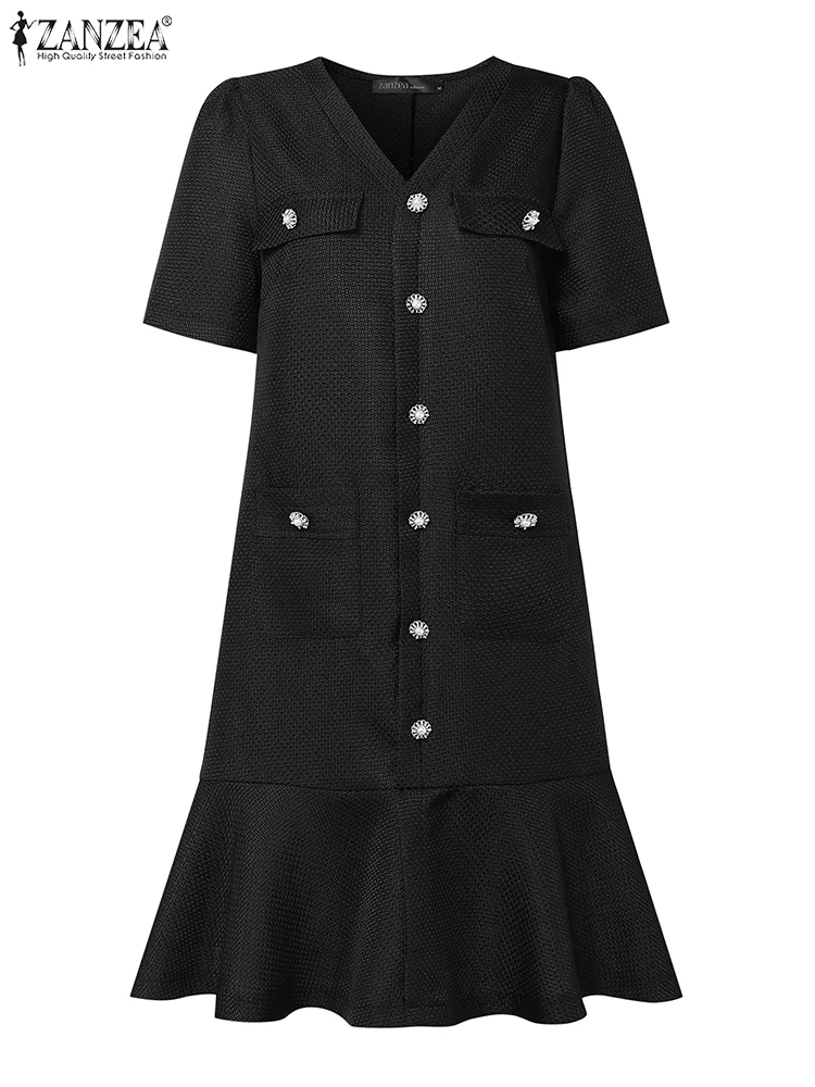 Elegancka sukienka na przyjęcie wizytowe 2025 ZANZEA Damska sukienka biurowa z dekoltem w serek Letnia sukienka do pracy dla kobiet OL Krótki rękaw Guziki Sukienka letnia