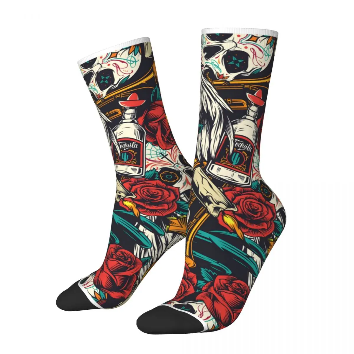 Hip Hop Vintage Skull Rose Flowers Crazy Men\'s Socks Street Arts Unisex Harajuku Pattern Printed Funny Happy Crew Sock Boys Gift