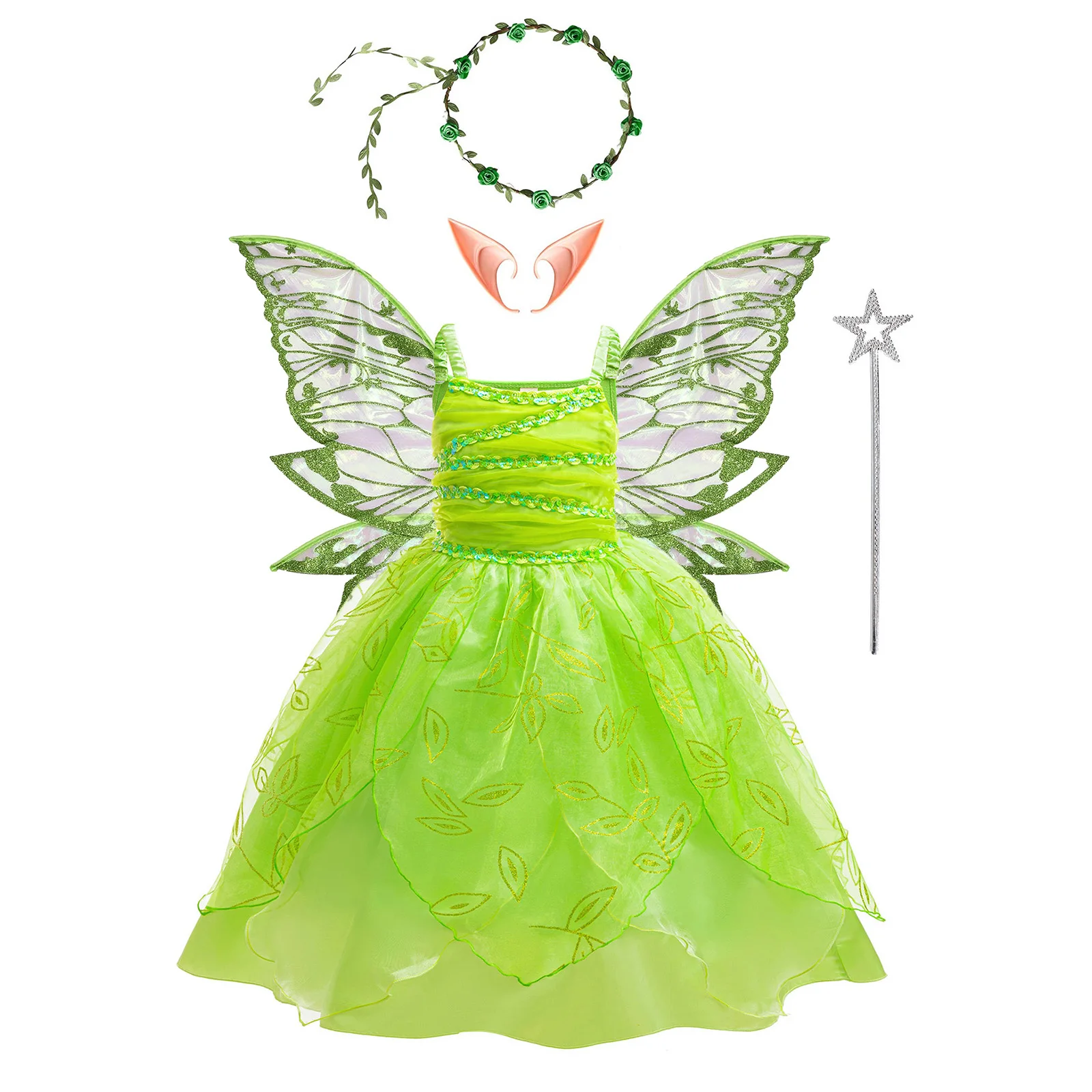 Classic Movie Elf Outfits Girls Fairy Dress Green Suspender With Wing Fairy Stick Garland And Elf Ears Party for Girl Costume