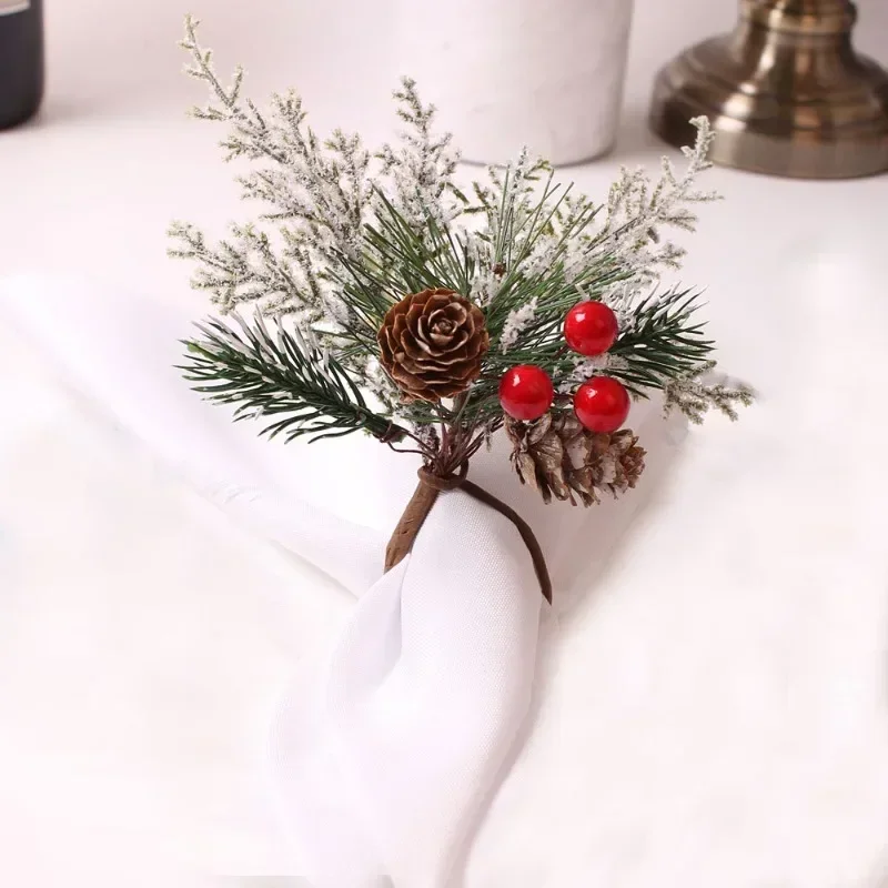 3pcs/6pcs Christmas Bouquet Napkins Ring Western Restaurant Table Napkins Buckle Simulation Pine Cone Berries